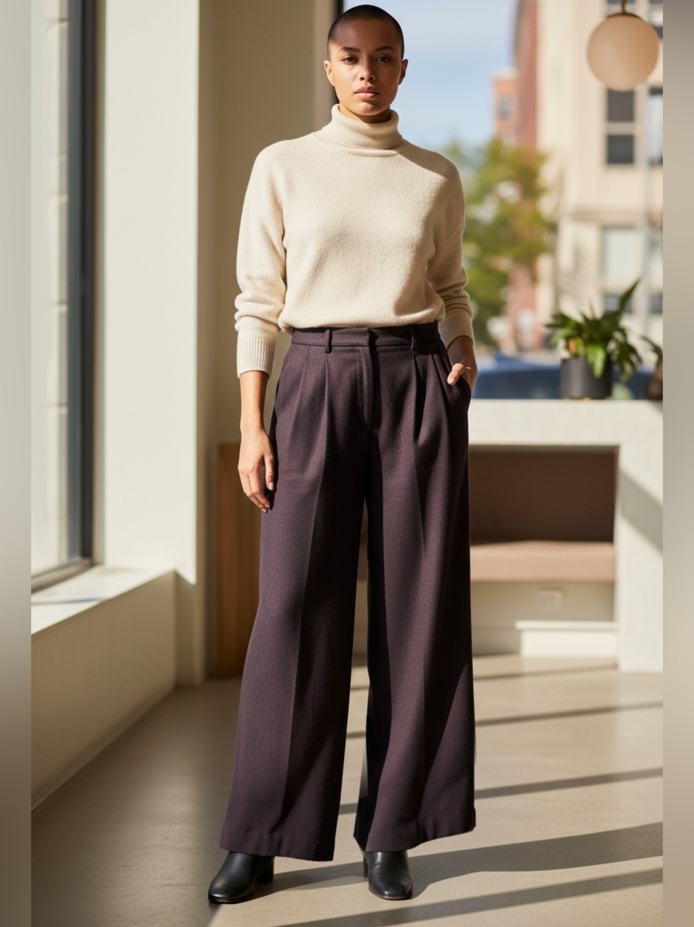 NWT VTG JONES WEAR WOOL DEEP EGGPLANT PLEAT FRT HIGH WAIST WIDE LEG PANTS SZ 10